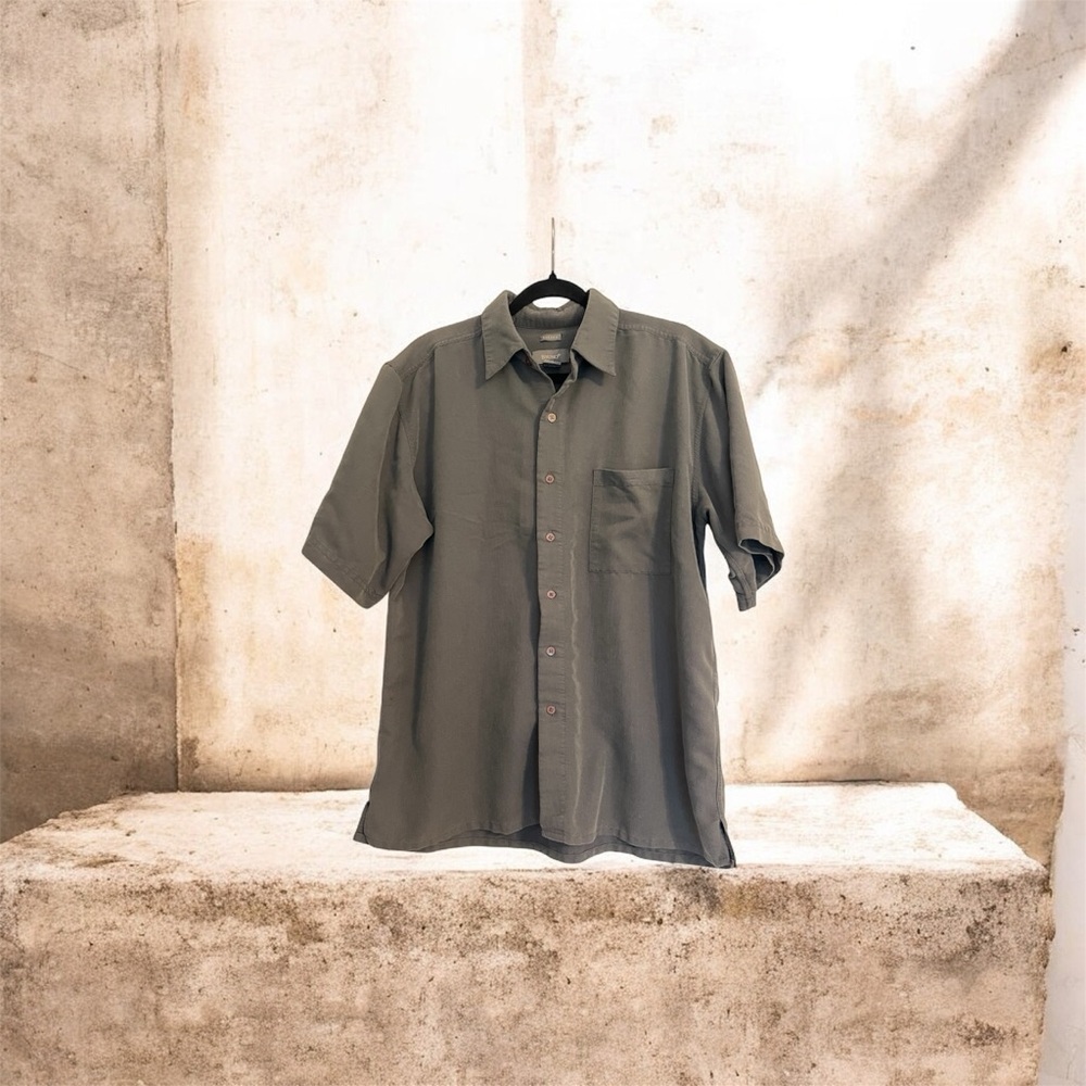 Men's Bruno Sueded Dark Green Short Sleeve Button‎ Up Shirt Size Large